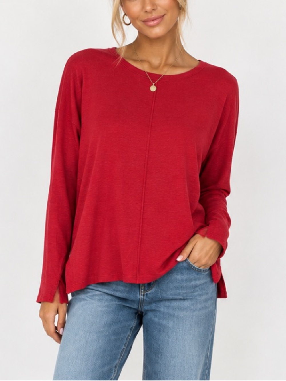 J. Jill Red Long Sleeve Pima Cotton Crew Blouse Large Top